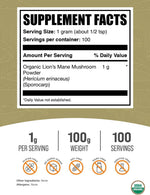 BulkSupplements Lion's Mane mushroom supplement back panel showing nutritional facts and ingredients.