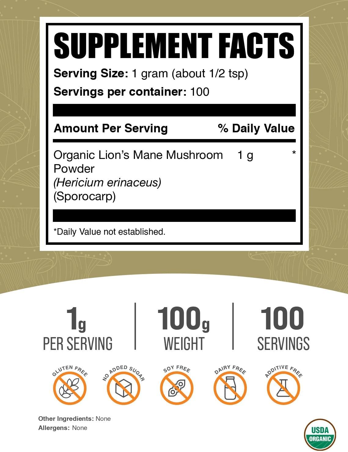 BulkSupplements Lion's Mane mushroom supplement back panel showing nutritional facts and ingredients.