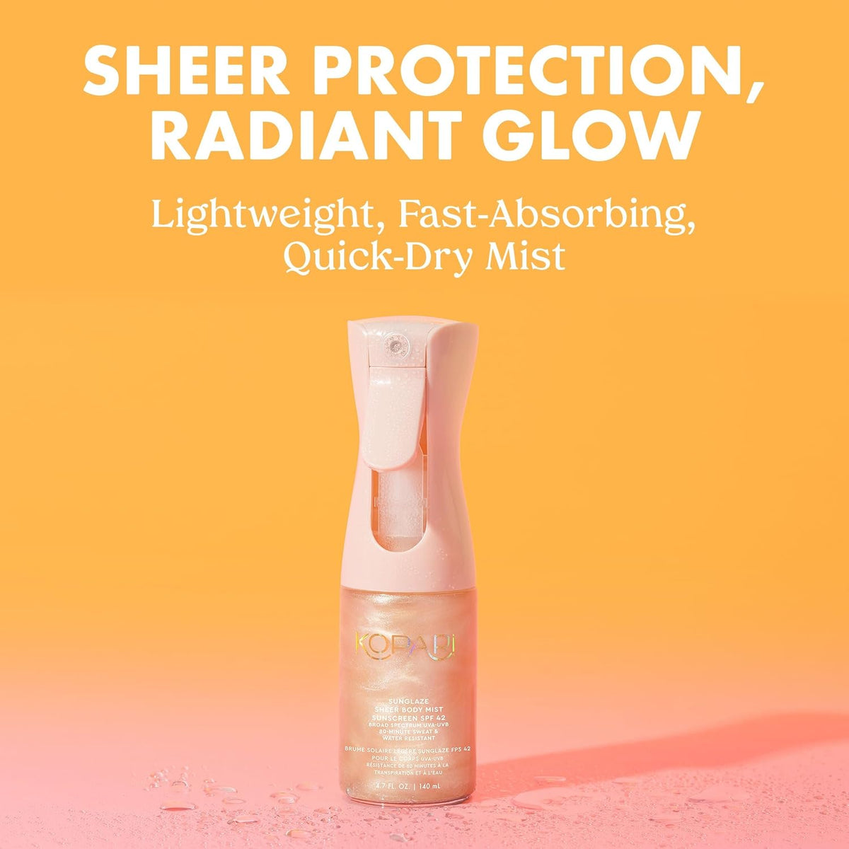 Kopari Rose Gold Sunglaze sunscreen spray nozzle and sparkling shimmer liquid texture
