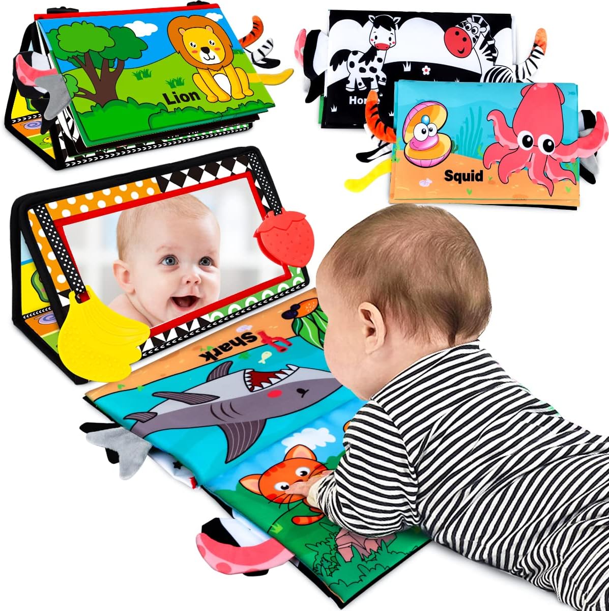 Aboosam tummy time baby mirror with black and white high contrast cloth book front view.