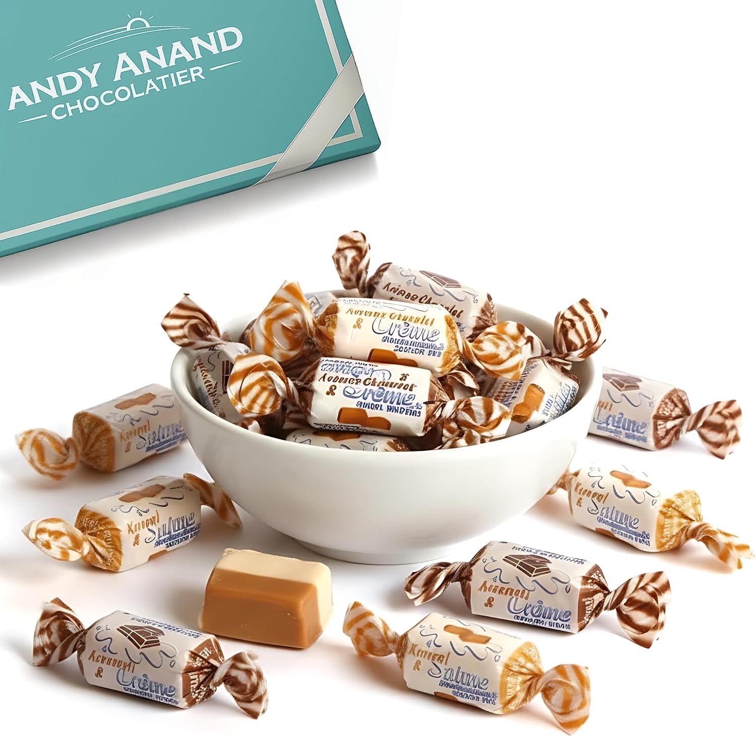 Andy Anand Chocolatier sugar free creamy taffy toffee package front view showcasing assorted European candy.