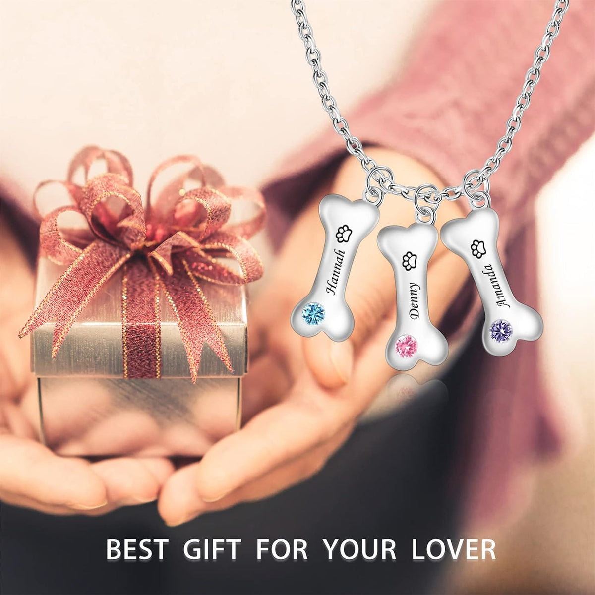YUYOO customizable multi name dog lover necklace worn gracefully to display accurate chain length and pendant size.