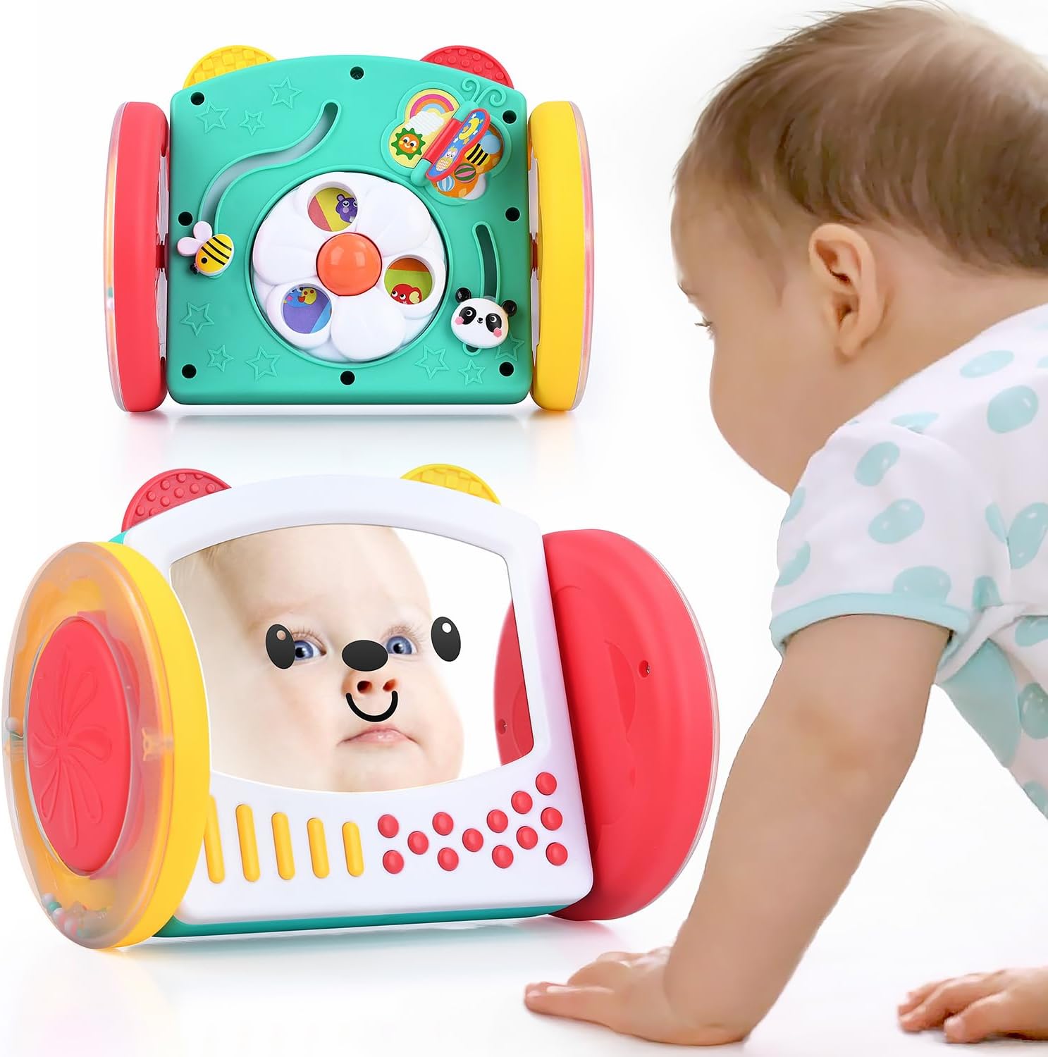 PLAY Tummy Time Rolling Baby Mirror Toy front view showing the baby safe reflective panel and pink silicone teethers.