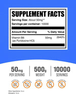 BulkSupplements Vitamin B6 powder packaging showing 50 milligram serving information