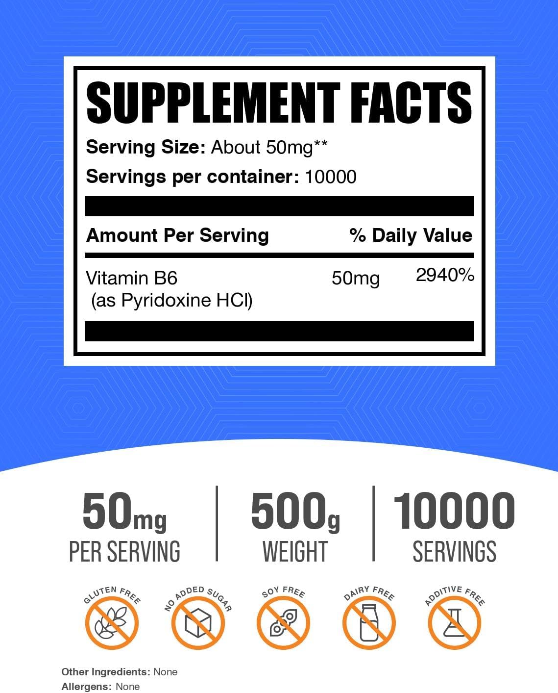 BulkSupplements Vitamin B6 powder packaging showing 50 milligram serving information
