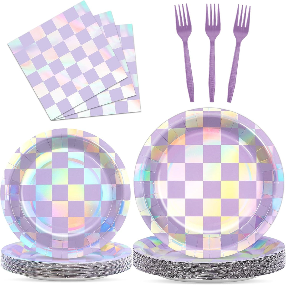 Yiaoyinnz iridescent purple checkered party plates and napkins set front view
