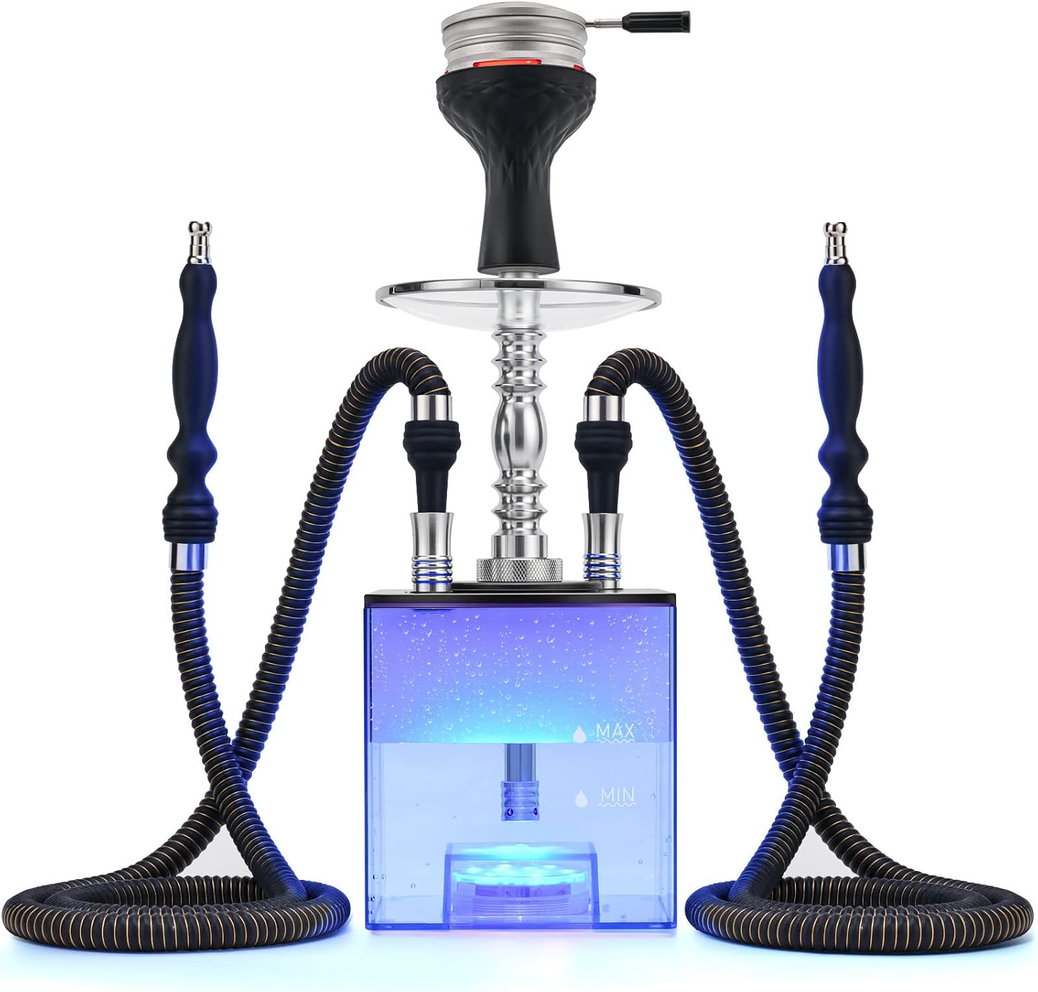 Hookah Set with Everything - Kitosun Updated Cube Modern Shisha include Vulcan HMD Silicone Phunnel Bowl Silk Pipe Coal Tongs Remote LED Light for Great Smoking | Easy Cleaning Easy Inhale 2 Hoses - Image 1