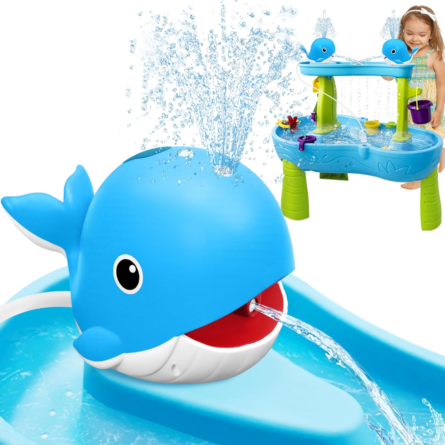 Infowush whale rechargeable water table pump front view showing blue whale design and top sprinkler nozzle
