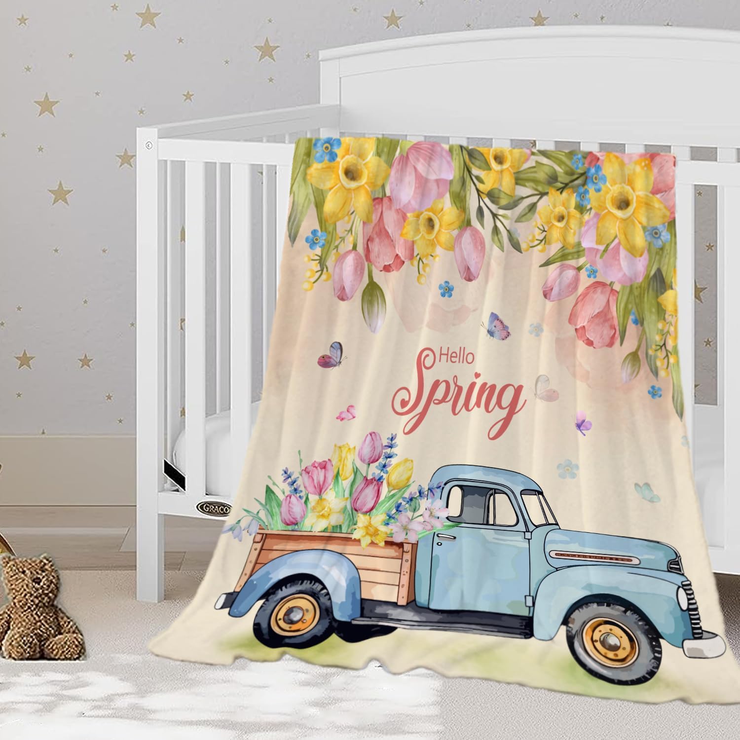 YeeJu Spring Baby Throw Blanket front view showing colorful farmhouse floral print