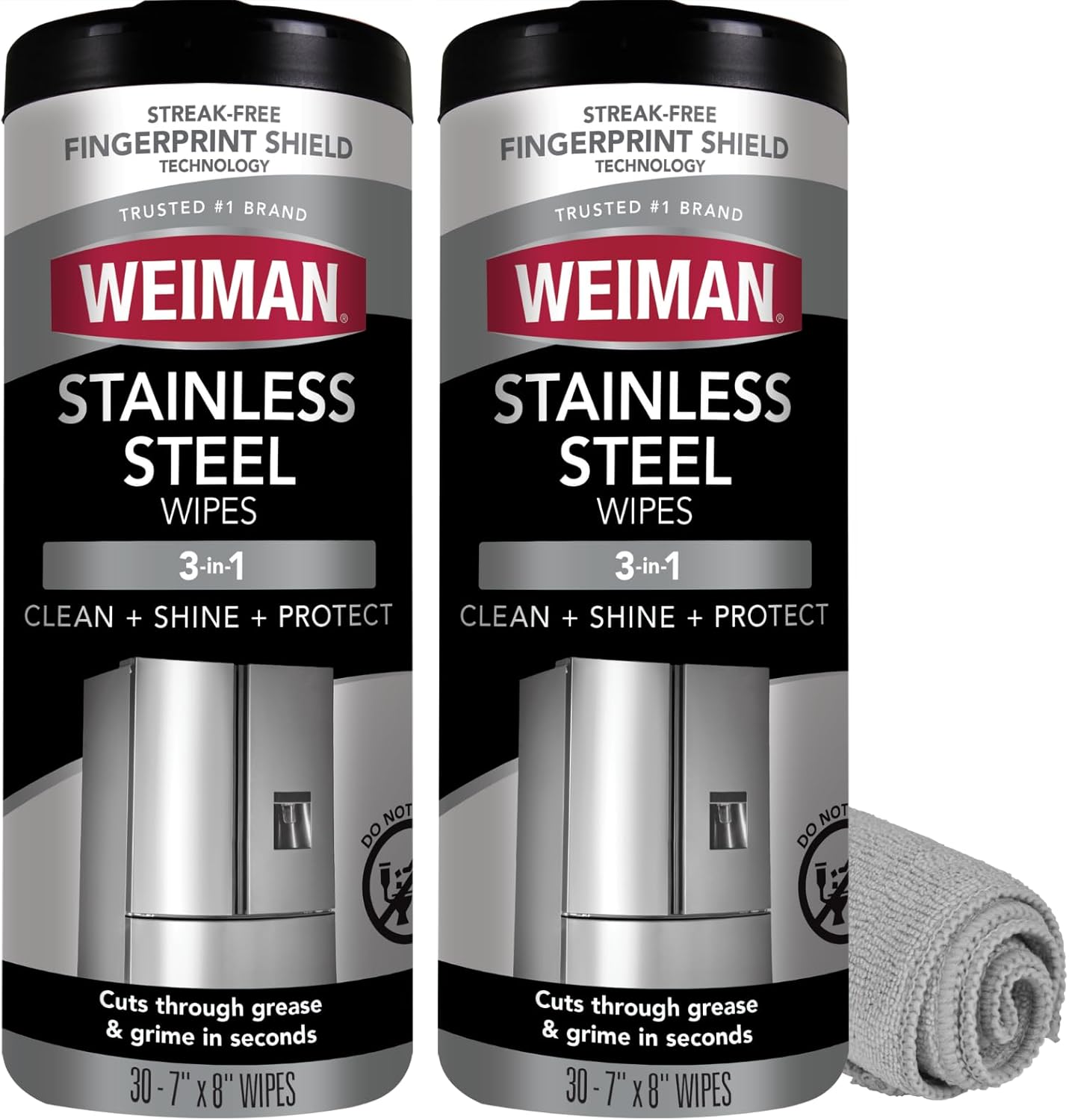 Weiman stainless steel cleaner wipes and microfiber cloth kit front view showcasing the canister packaging.