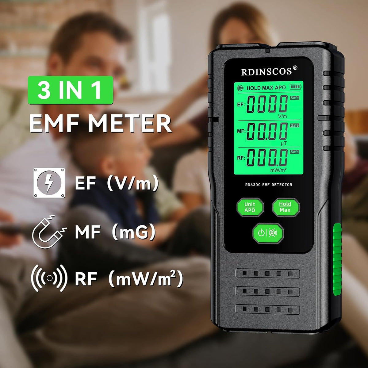 RDINSCOS 3-in-1 radiation meter held in hand during active testing