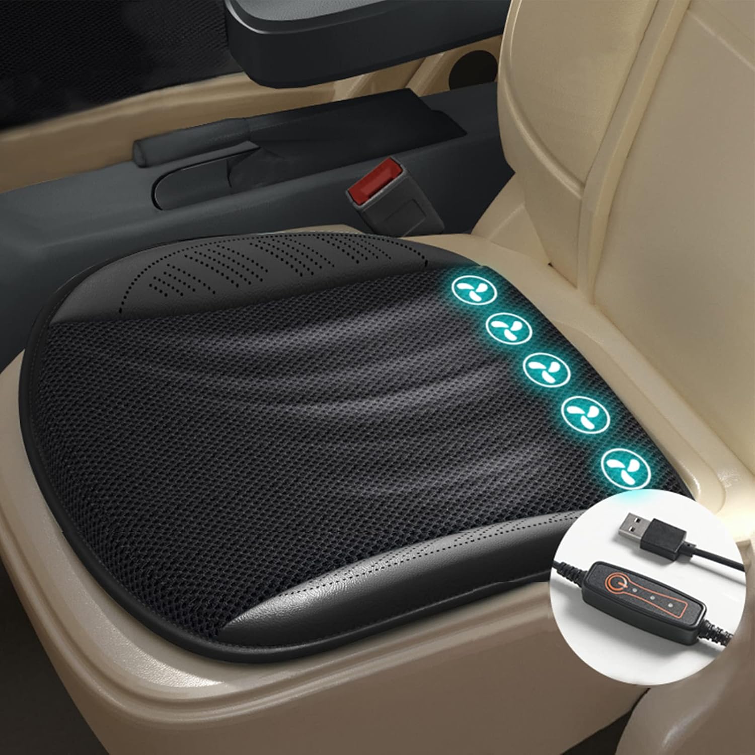 LGNORA cooling car seat cushion black front view on driver seat