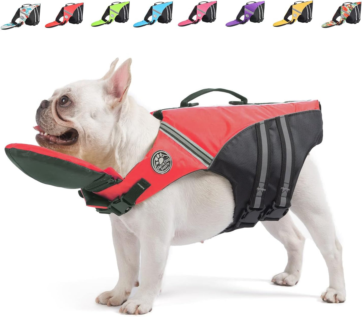 Mklhgty dog life jacket front view featuring the removable neck float for canine swimming safety.