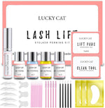 LUCKY CAT Professional Lash Lift Kit front packaging view with four perming bottles and lash glue.