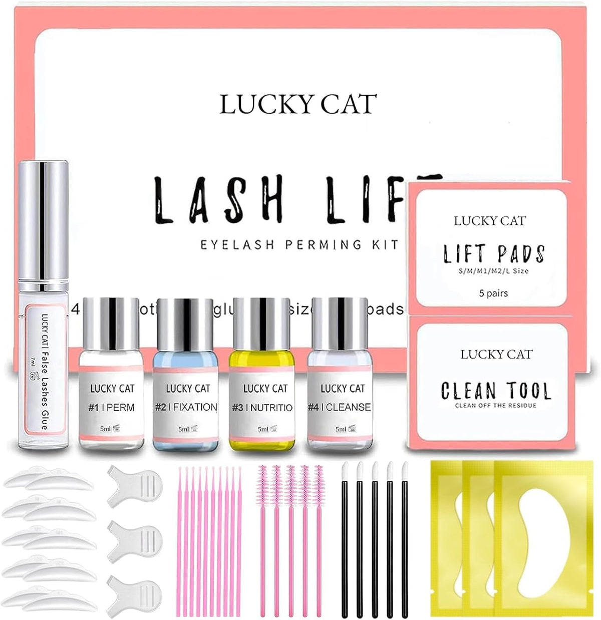 LUCKY CAT Professional Lash Lift Kit front packaging view with four perming bottles and lash glue.