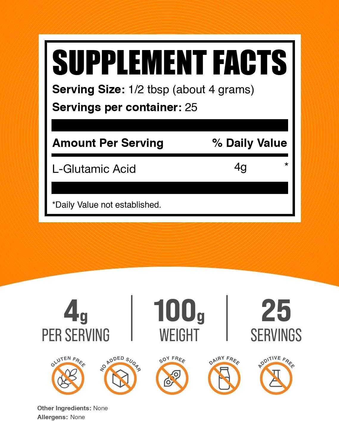 BulkSupplements glutamate powder nutritional facts label displaying pure four grams serving information.