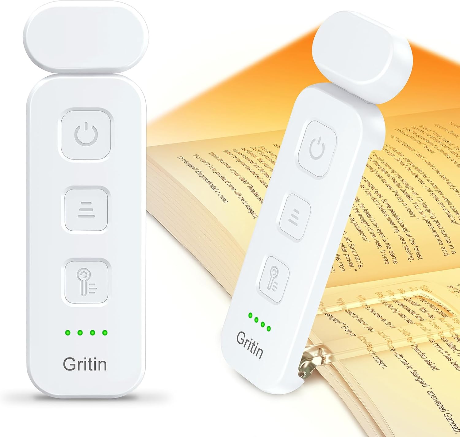 Gritin rechargeable book light in white showing front view layout