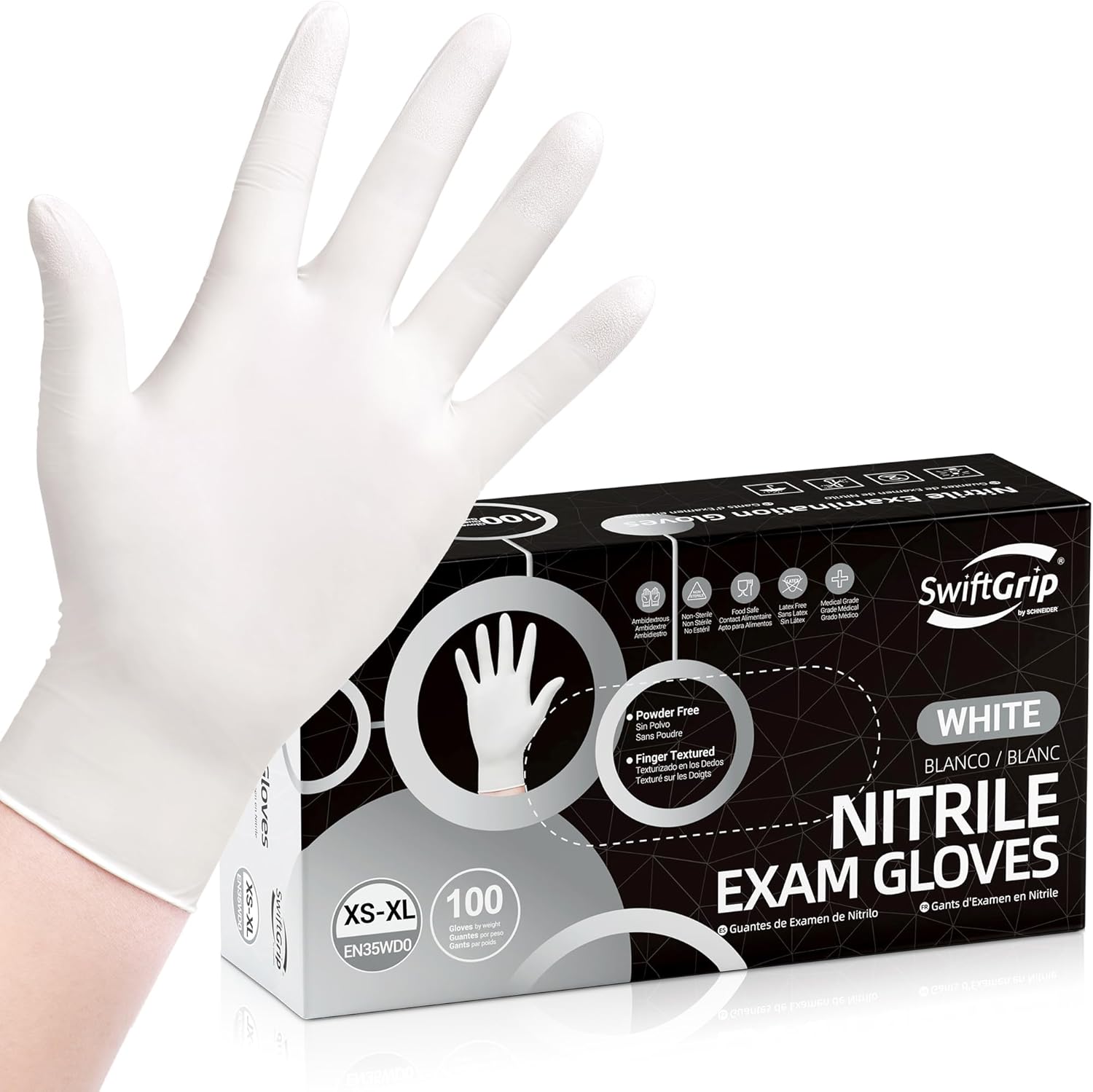 SwiftGrip White Nitrile Exam Gloves front view of 100 count box