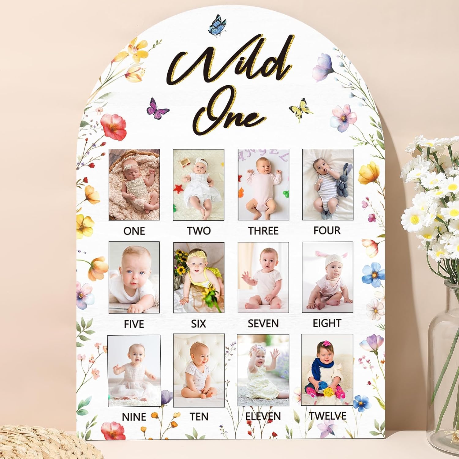 PixieCraftSupplies wildflower first year photo board front view showing the full twelve month arch design for baby milestone tracking.