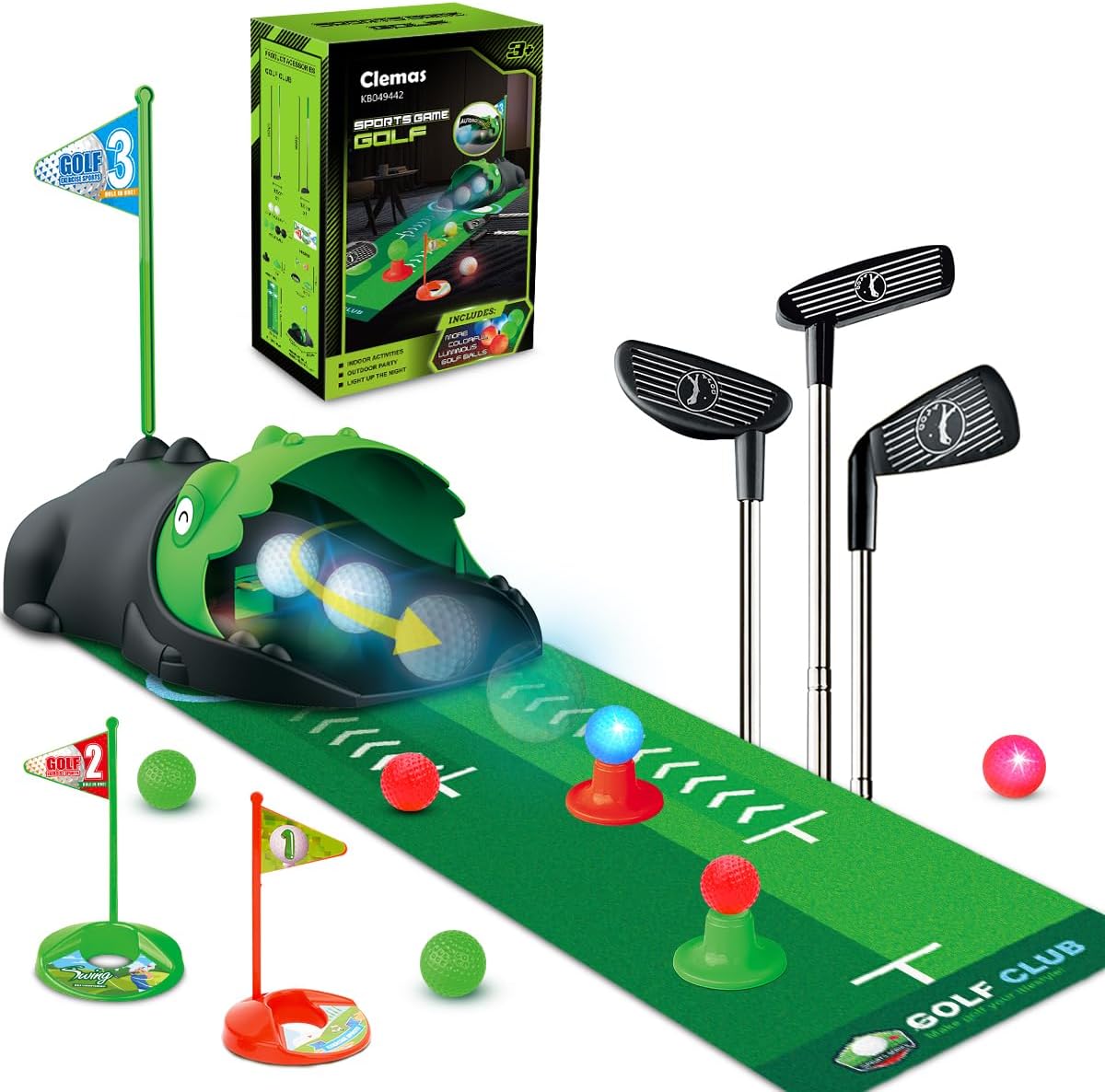 Clemas kids toy golf set front view with dinosaur returner