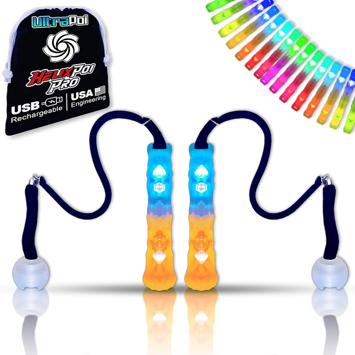 UltraPoi HelixPoi Pro LED flow toy set front view showing glowing light sticks.