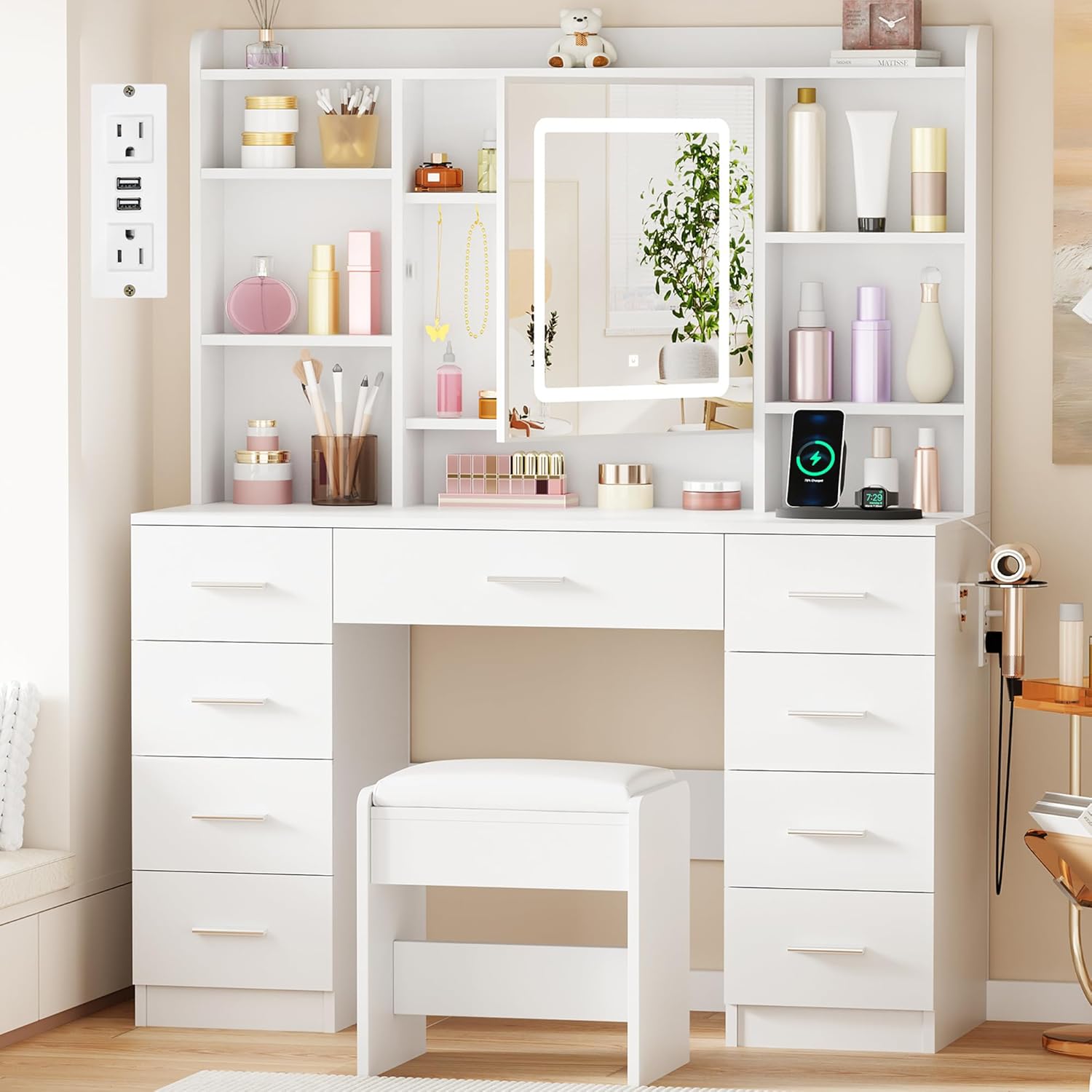 BEWISHOME Vanity Desk front view showing the white dressing table with illuminated LED mirror and matching stool.