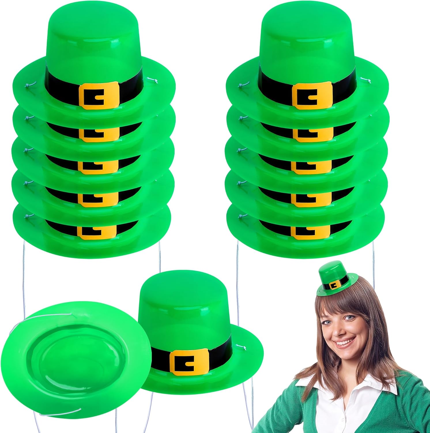 Watayo mini green saint patricks day top hats front view showing gold buckle detail