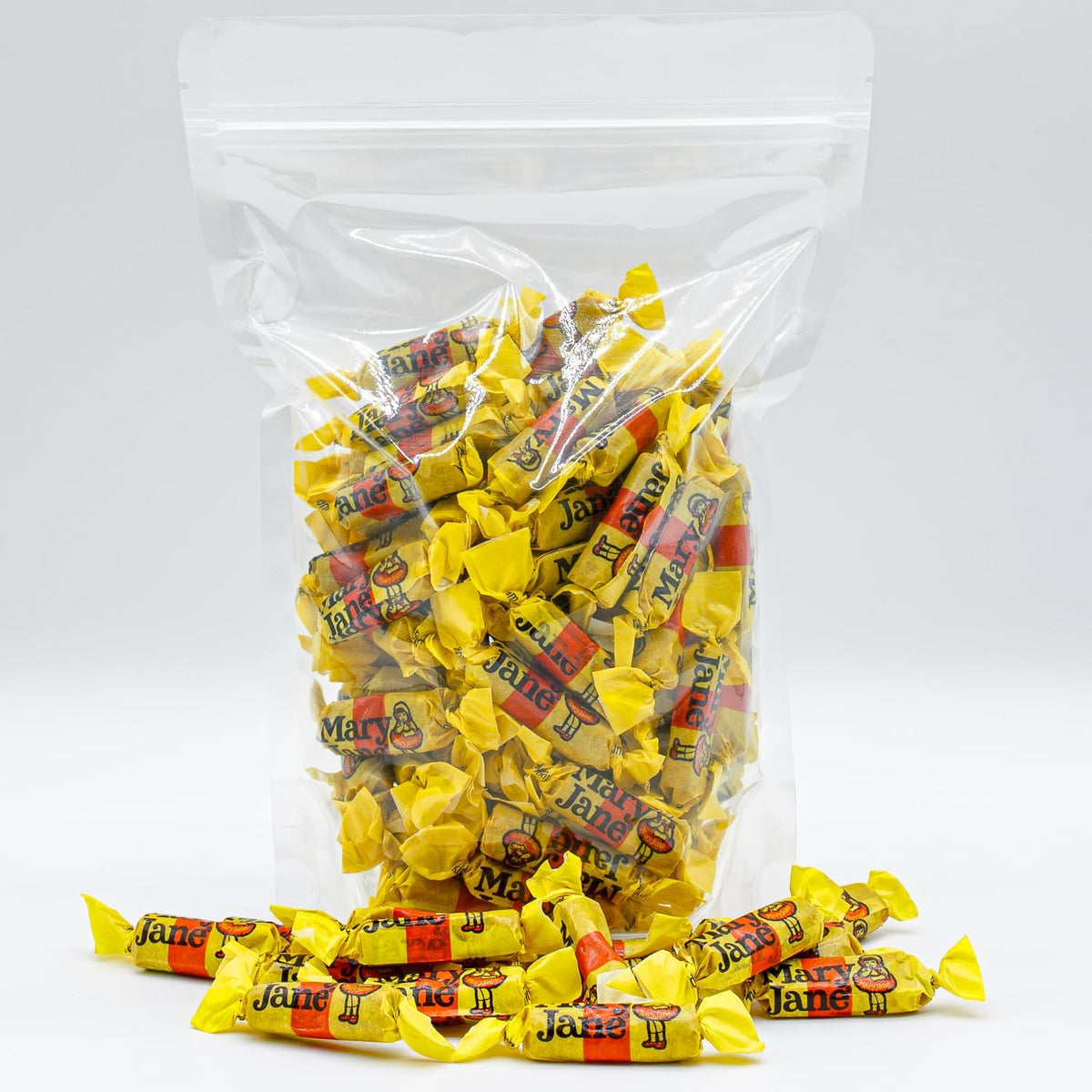 Atkinson's Mary Jane peanut butter taffy bite-sized unwrapped candy showing peanut butter center