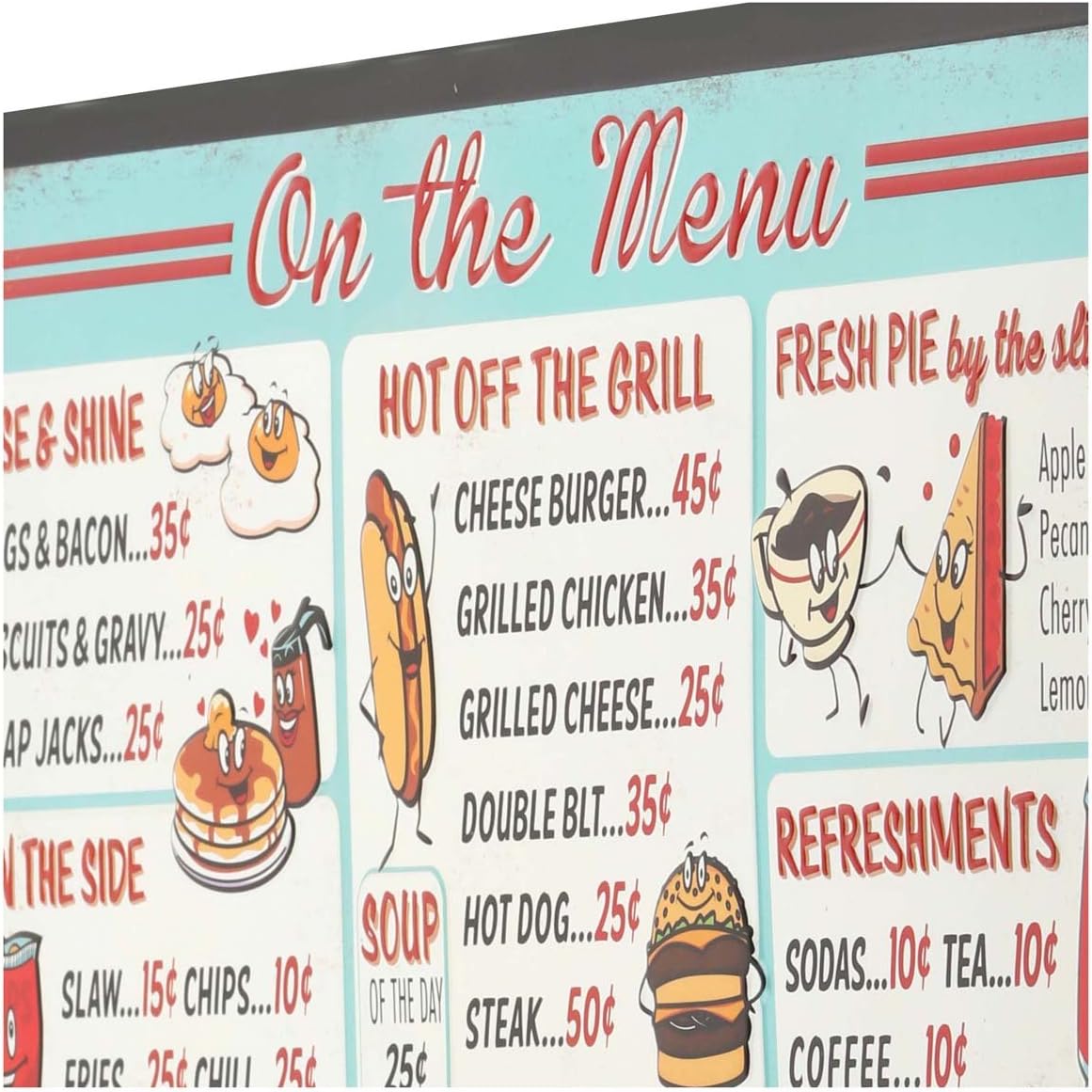 Distressed finish and vibrant colors on the vintage menu sign