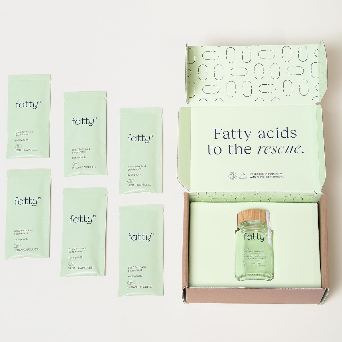 Fatty15 C15:0 healthy aging supplement packaging and refill pouch
