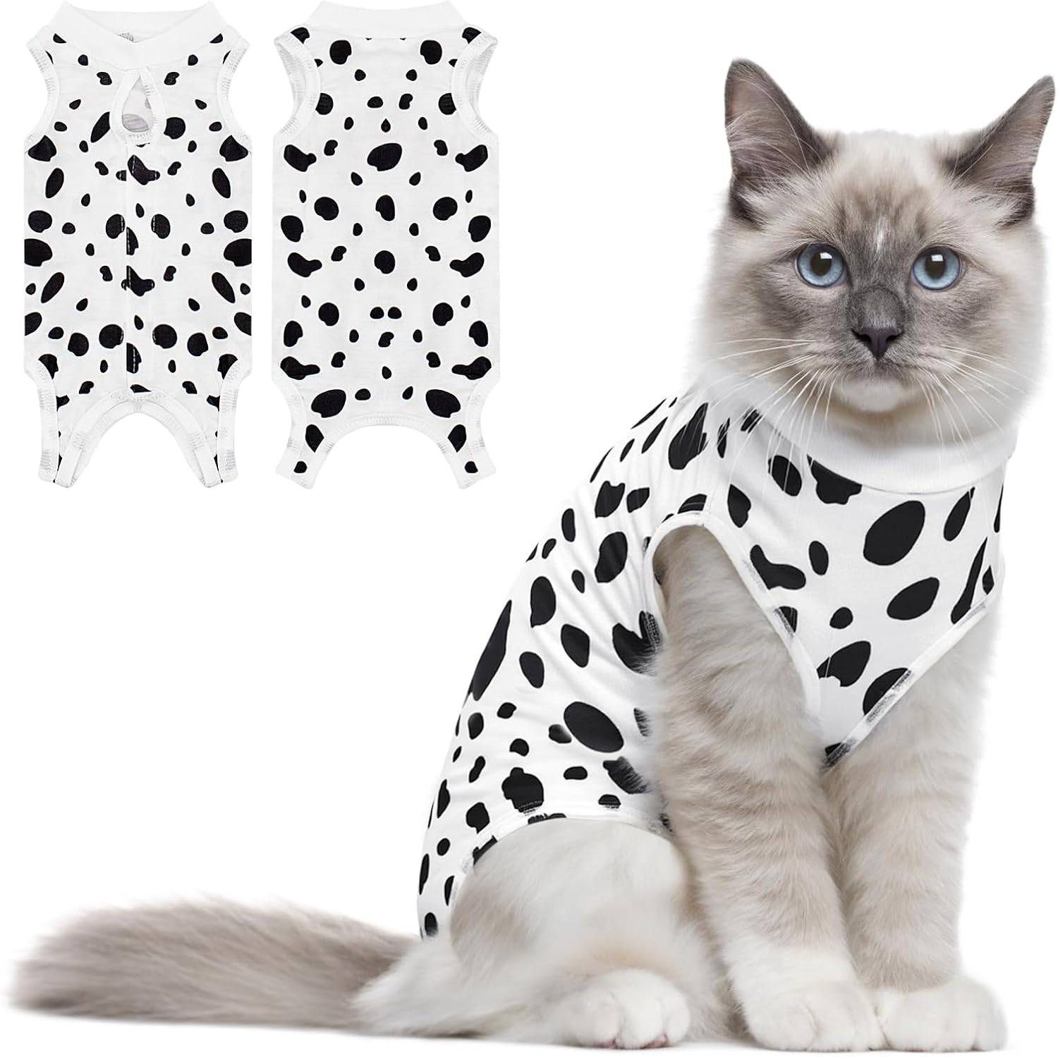 Coppthinktu cat recovery suit front view showing cow pattern