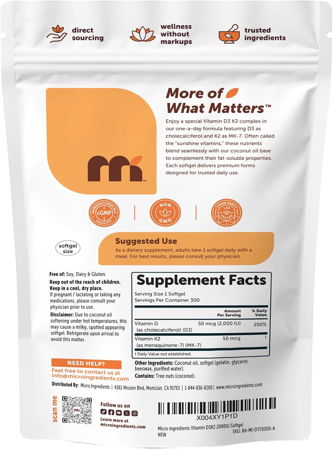 Micro Ingredients vitamin d3 k2 serving size information