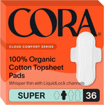 Cora Organic Cotton Topsheet Super Pads 36 count front box view for period care.