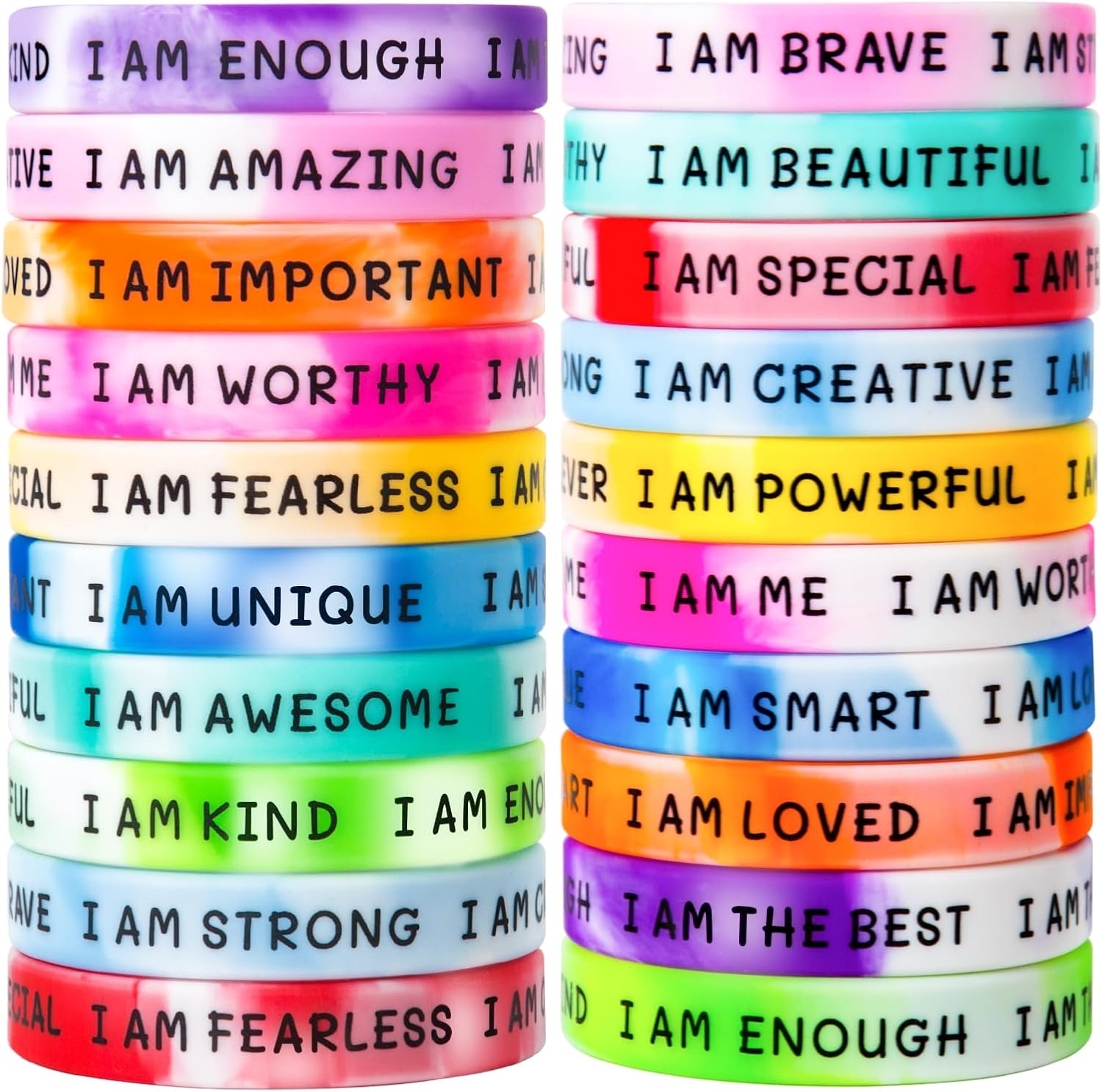 Cyclusive students inspirational wristbands front view showing colorful tie dye motivational rubber bracelets.