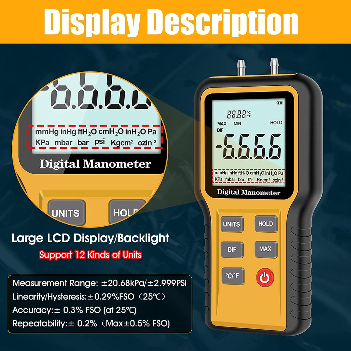 GOYERRNES differential pressure gauge function buttons