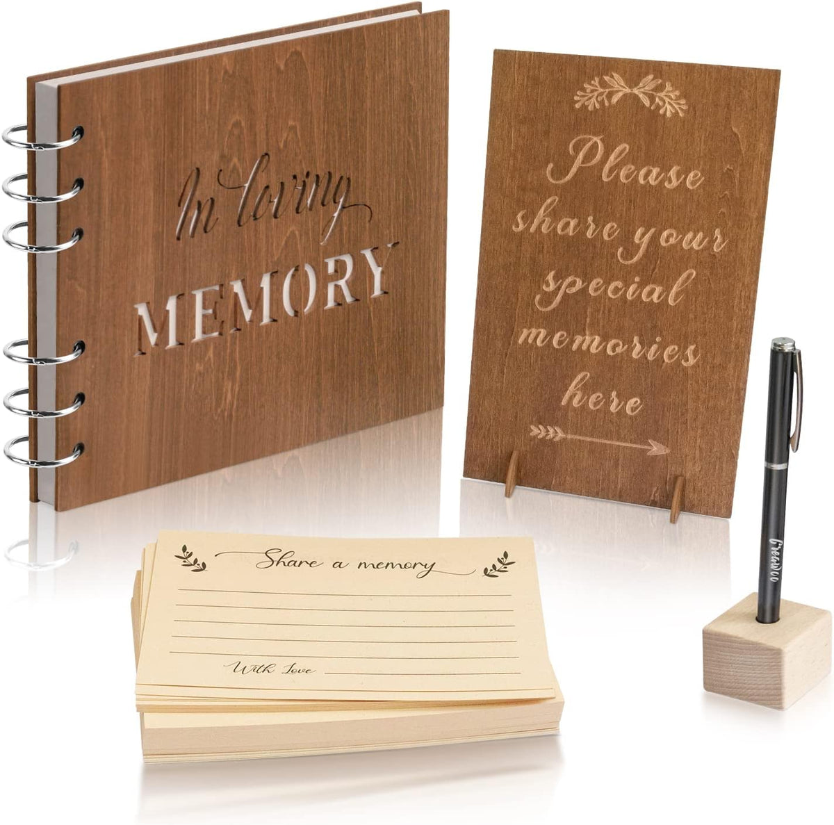 Creawoo wooden funeral guest book set front view on table