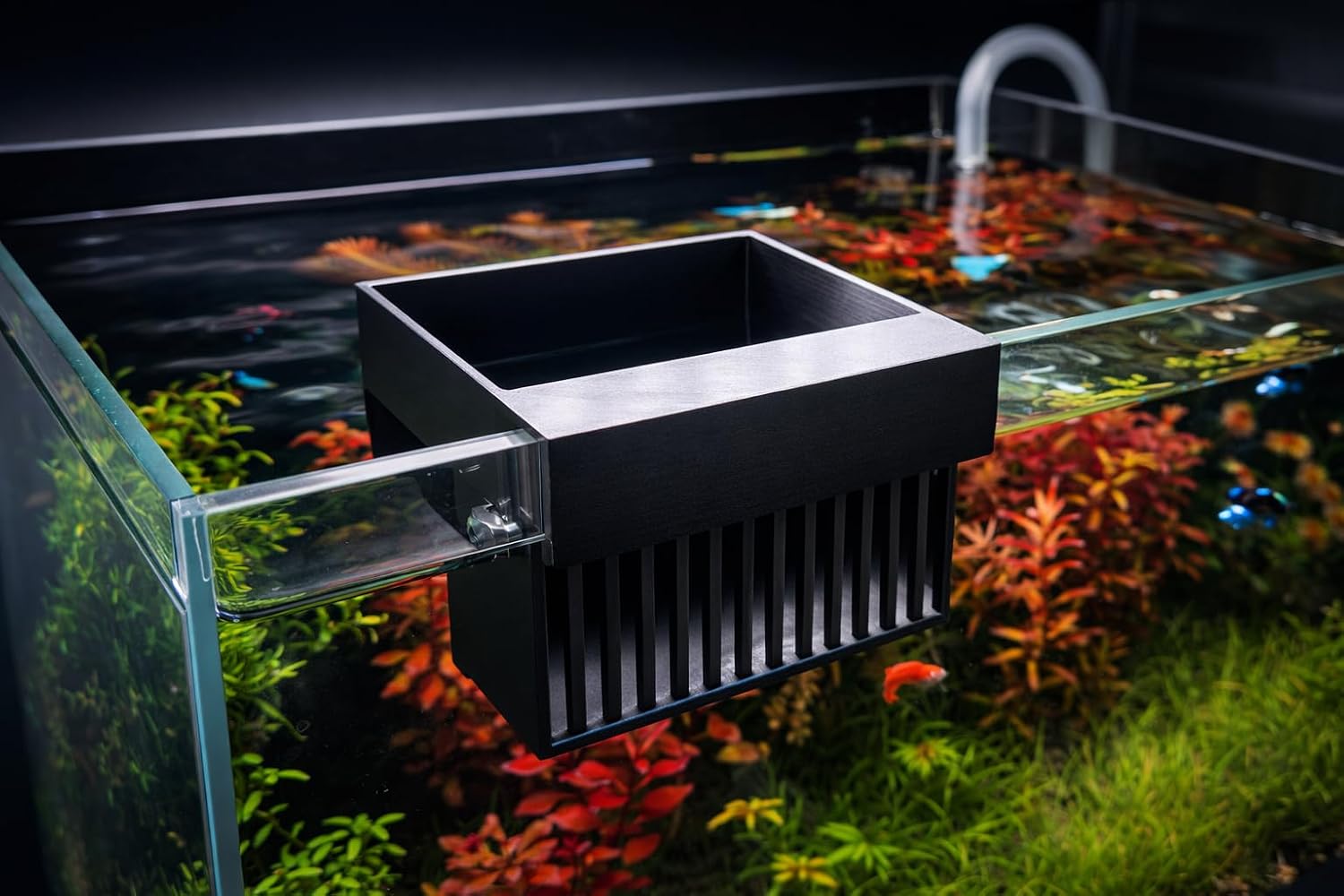 AquaPrintsByRay aquarium water change diffuser front view mounted on a clear medium fish tank rim