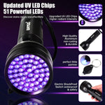 Portable ultraviolet pet urine detector illuminating dry stains on a living room carpet.