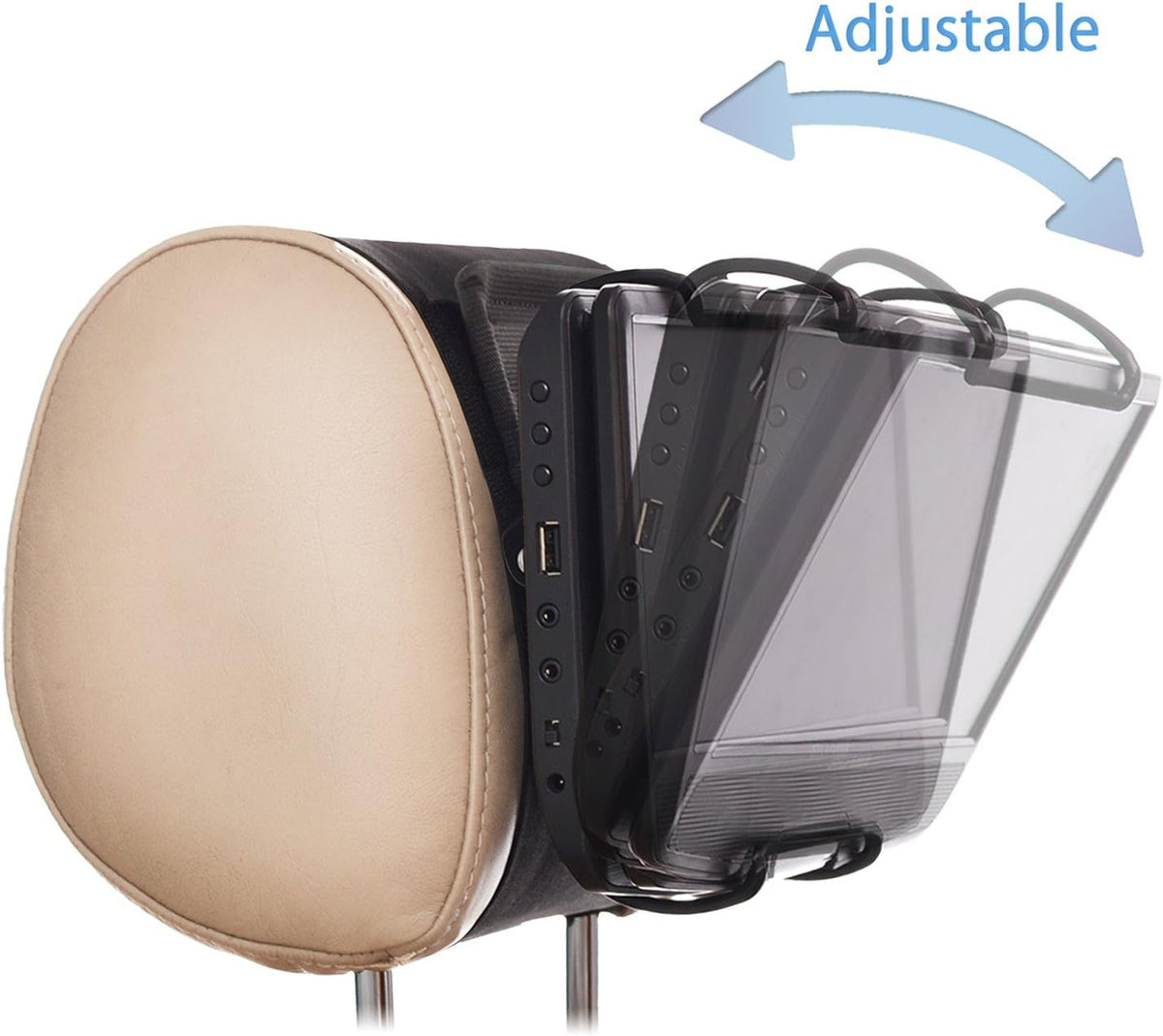 TFY universal car headrest mount side angle showing adjustable clamp