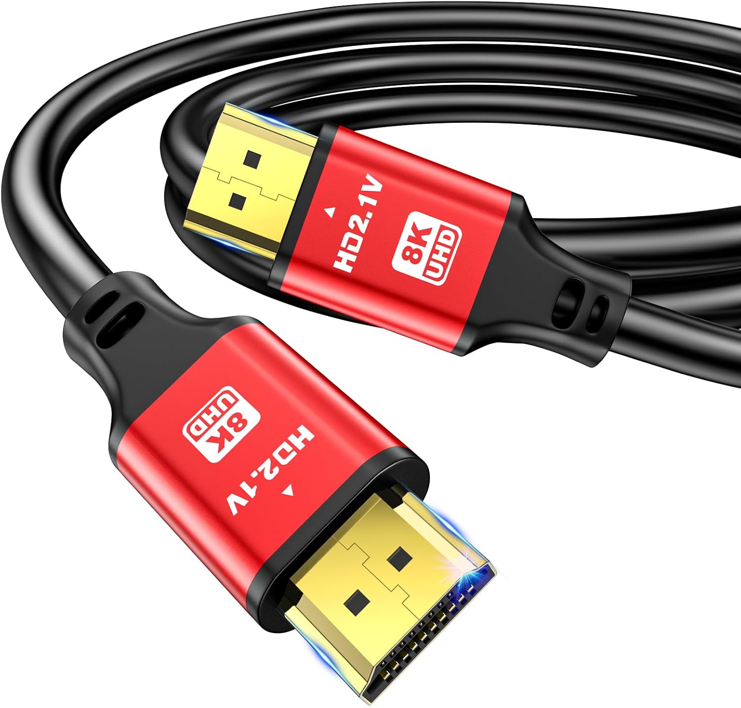 Jojobnj HDMI two point one cable front view showcasing the premium red aluminum housing.