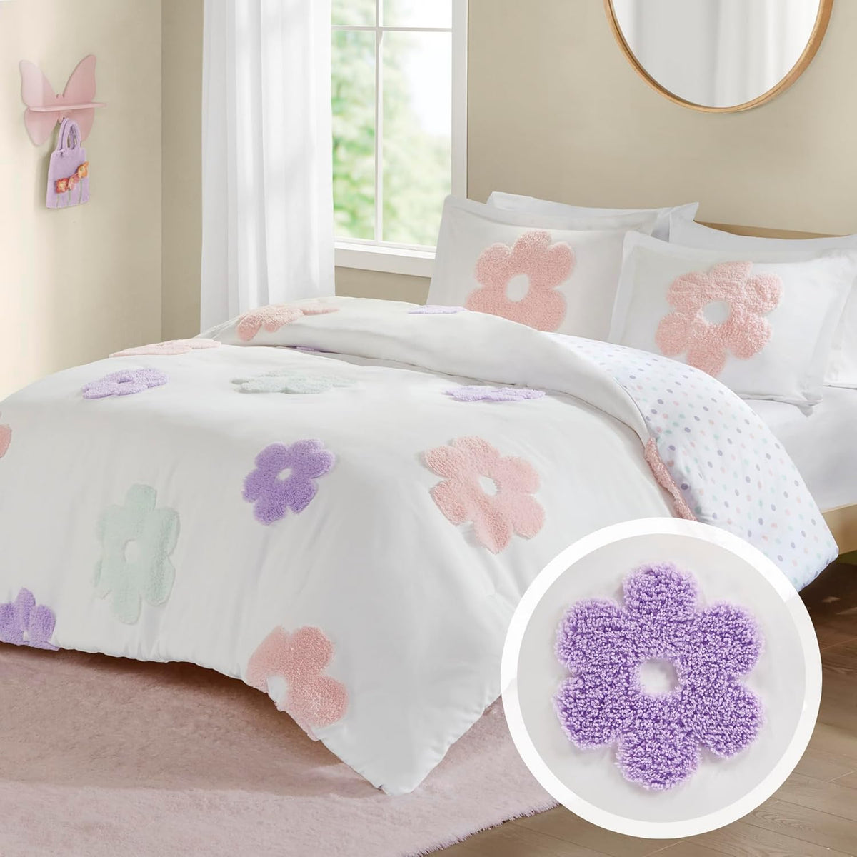 Intelligent Design Gracie Kids Floral Tufted Chenille Duvet Cover Set front view on bed