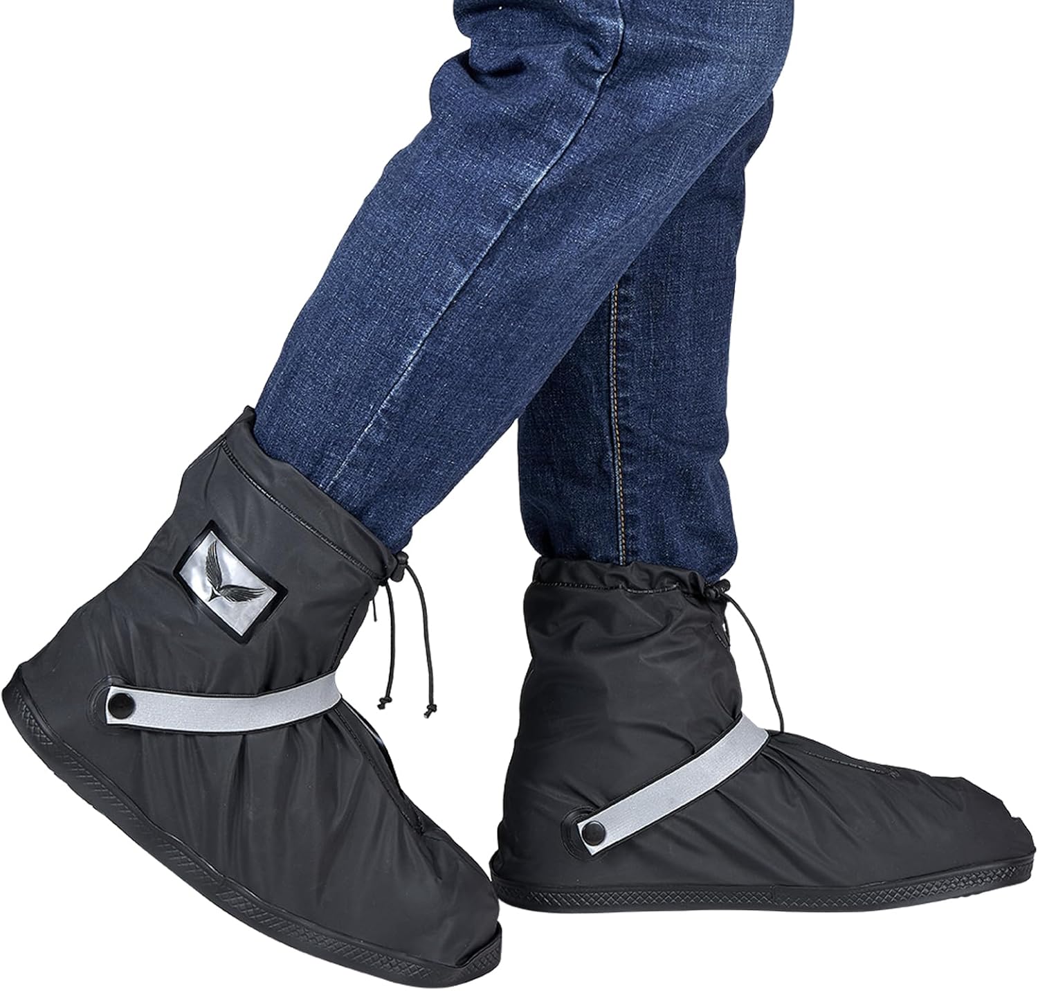 Dream Apparel waterproof rain boot shoe covers front view showing black heavy duty material and secure side zipper.