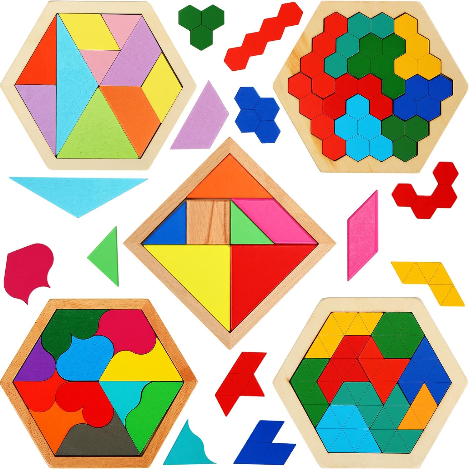 Jerify 5 pack wooden tangram puzzle front view displaying vibrant geometric blocks.