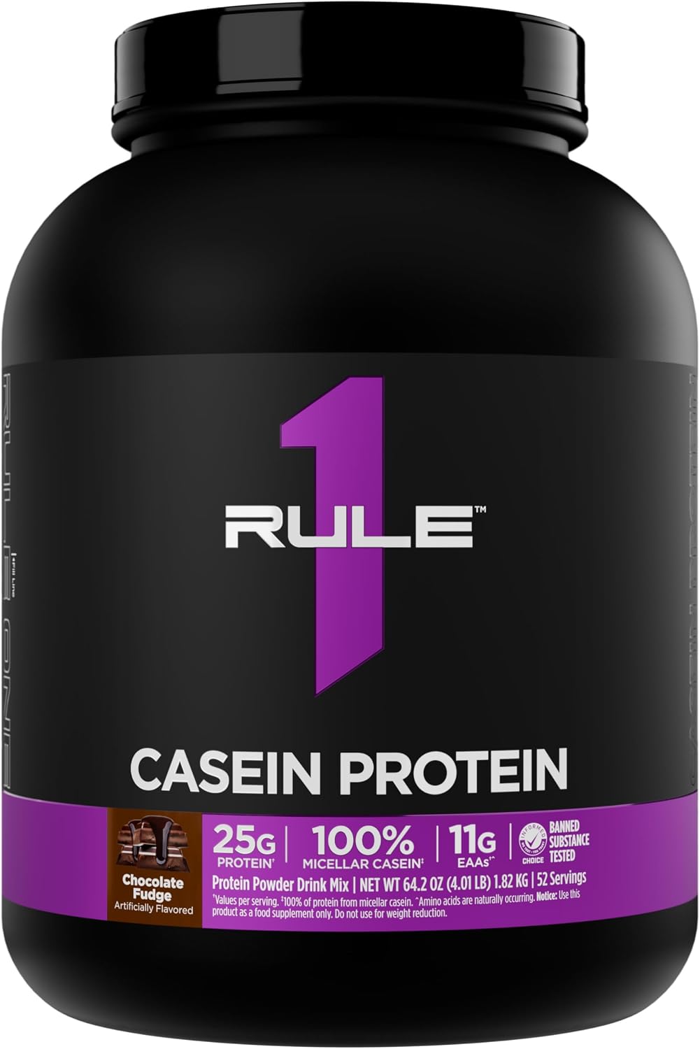 Rule 1 Proteins casein protein chocolate fudge front view container muscle recovery