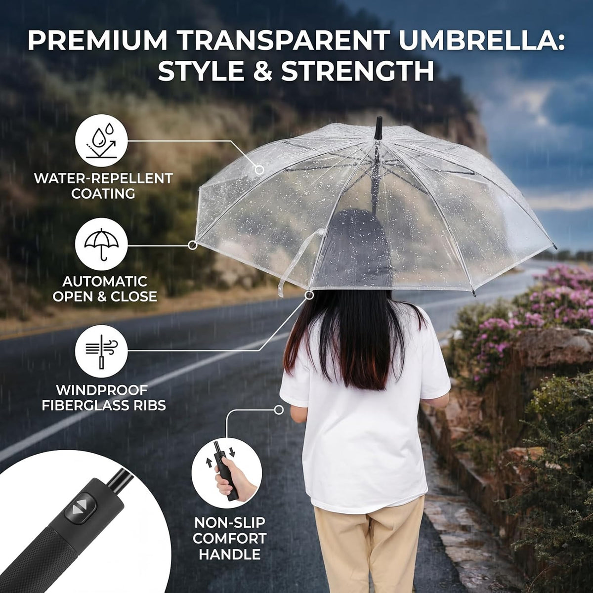 Omabeta clear auto open close umbrella folded view