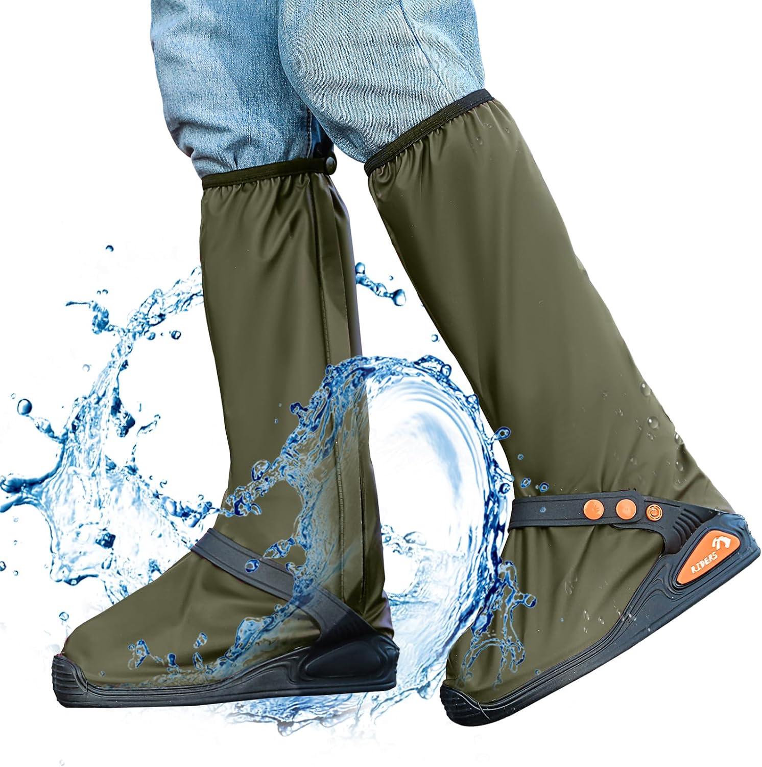 Motomate waterproof shoe covers front view showing black PVC material and secure zipper closure.