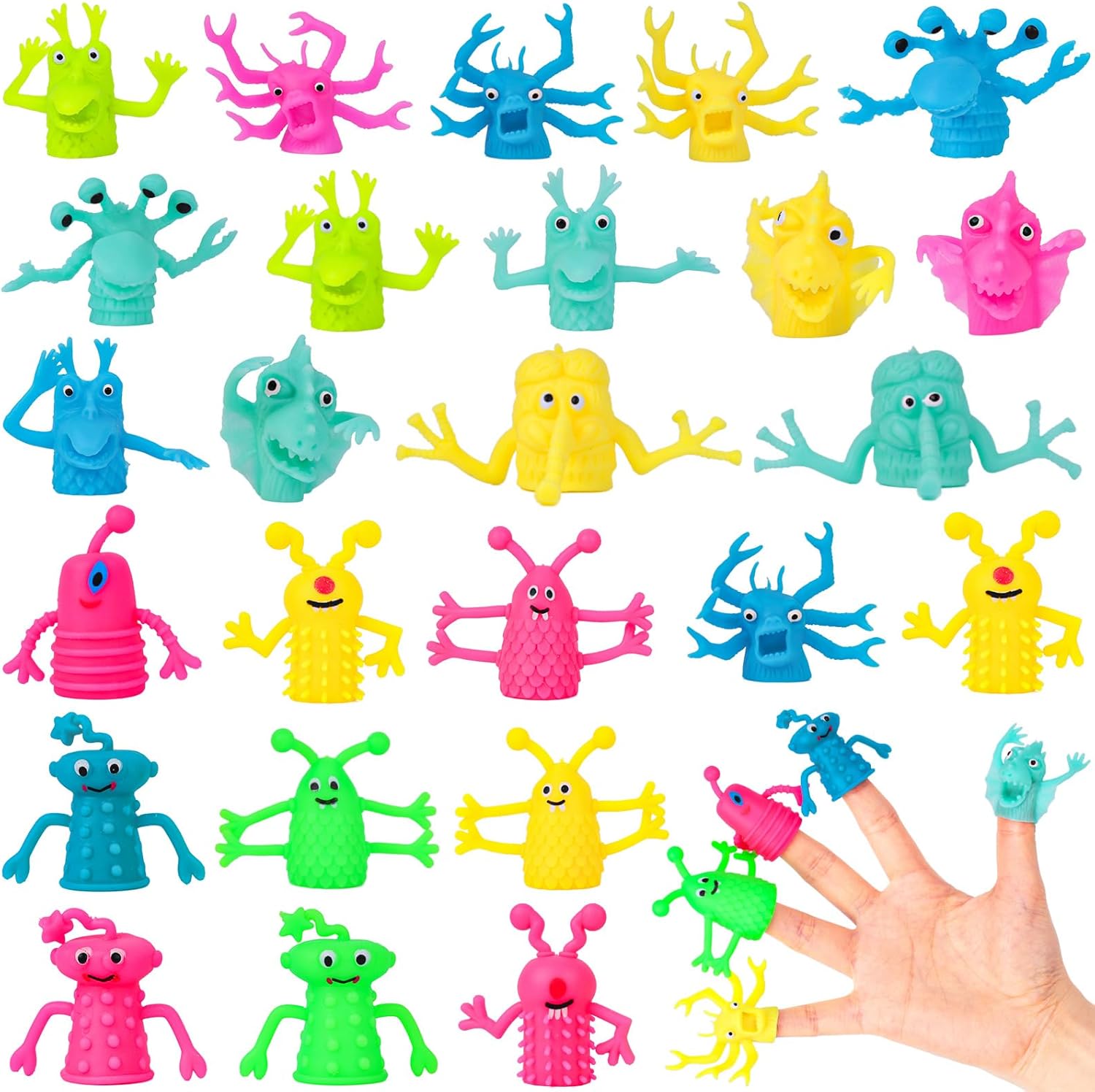 3 Otters monster finger puppets 25 pieces set front view showing colorful assortment.