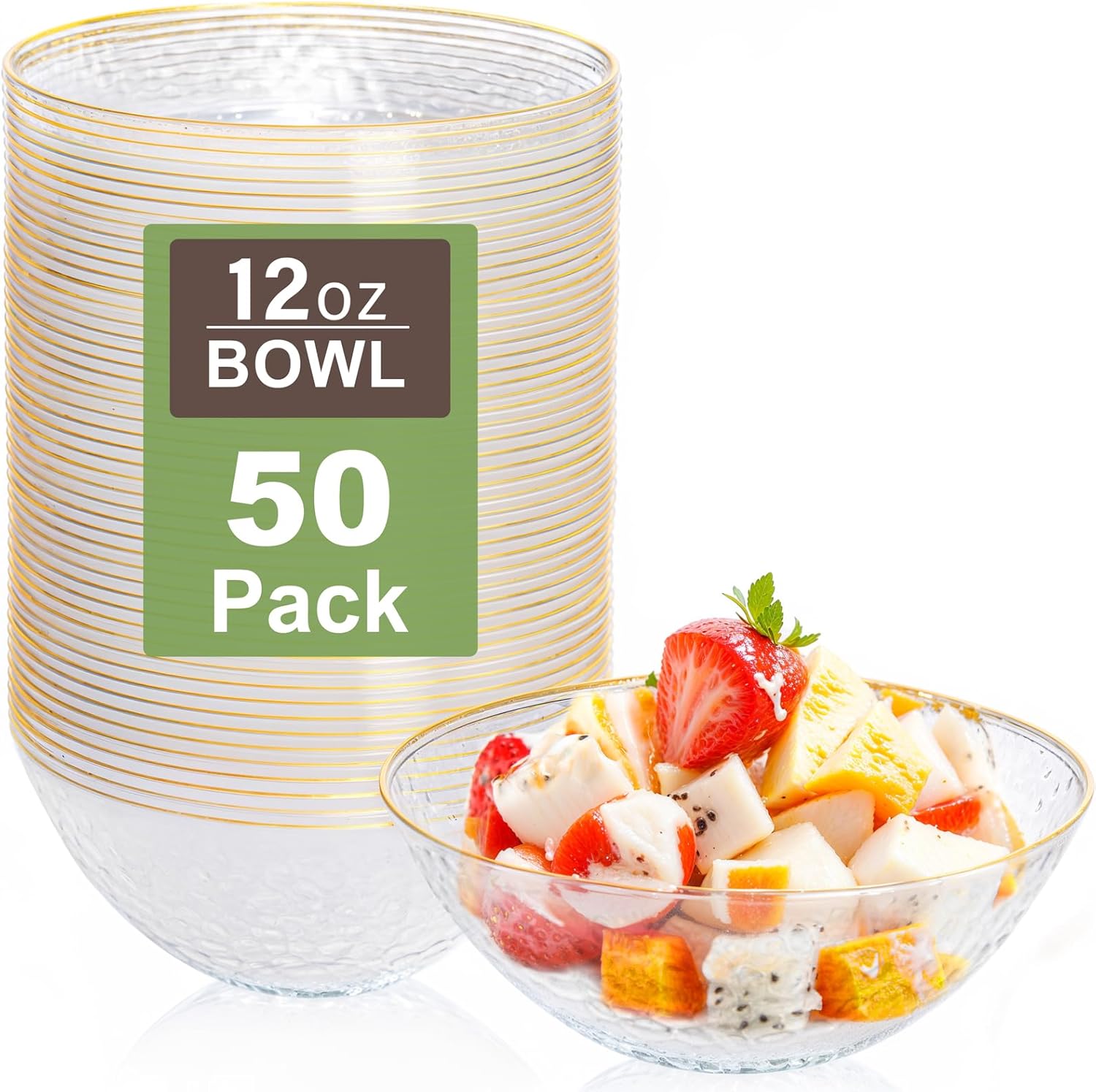 Rubtlamp 50 pack clear disposable bowls with gold rim front view