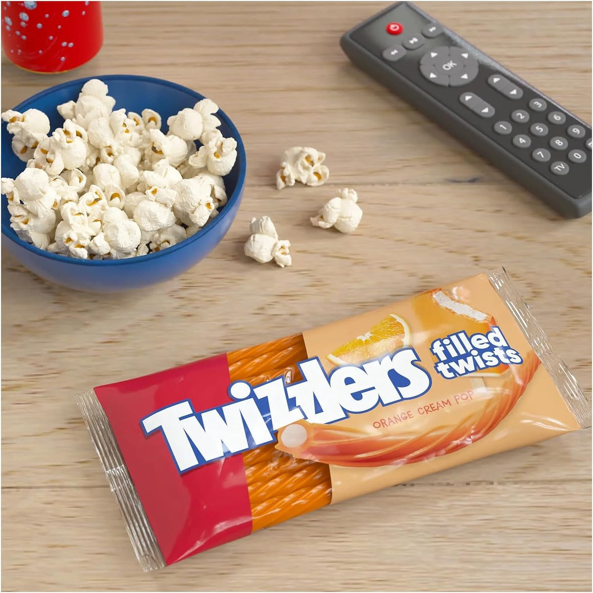 Twin pack of imported Twizzlers vanilla cream filled orange licorice bags.