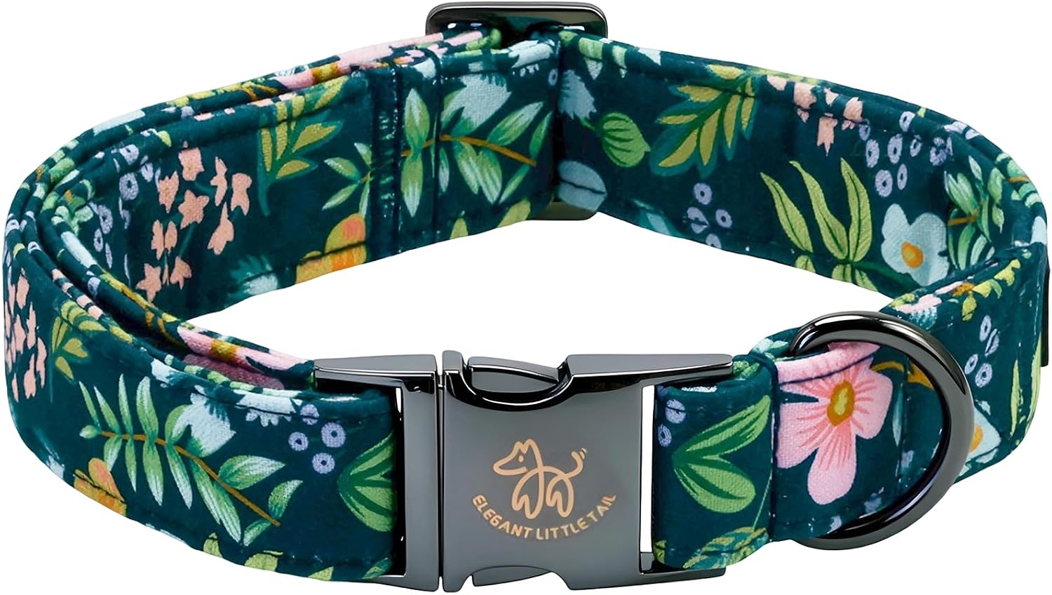 Elegant Little Tail floral dog collar front view in dark blue